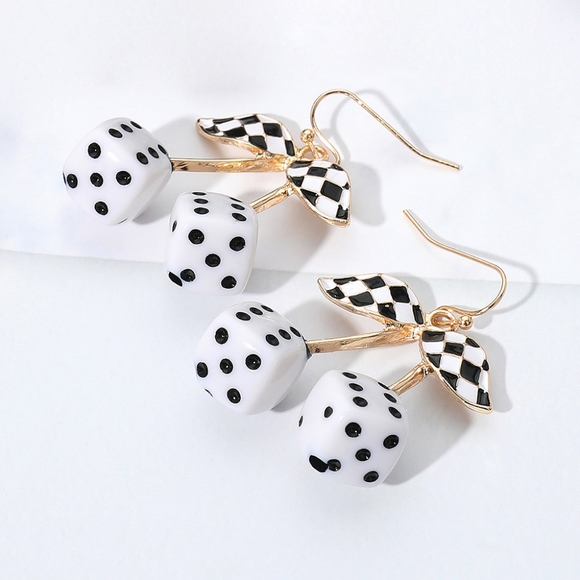 Retro White Checkered Dice Leaf Stem Cherry Dangle Earrings Enamel Cherries - Picture 1 of 3